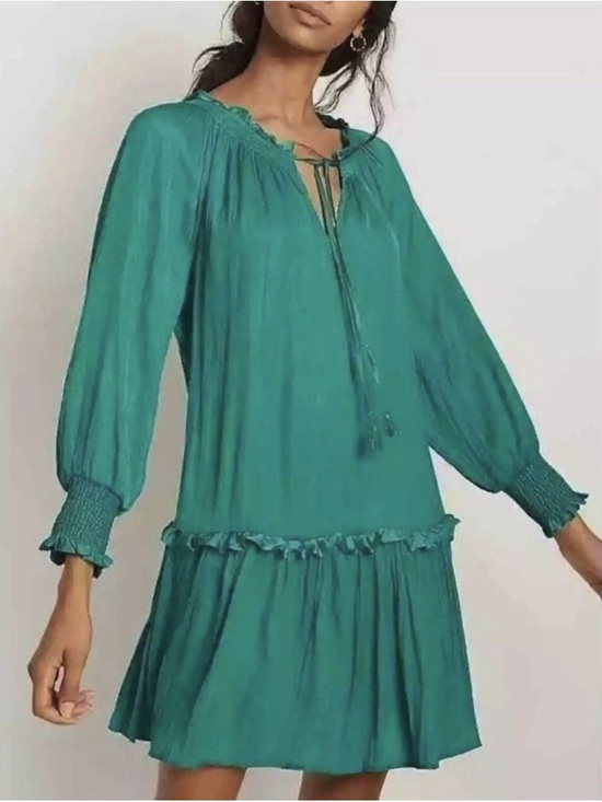 Anthropologie Dresses & Skirts - Anthropologie Giulia Long Puff Sleeve Green Spliced Neck Tie Tunic Dress Size XS